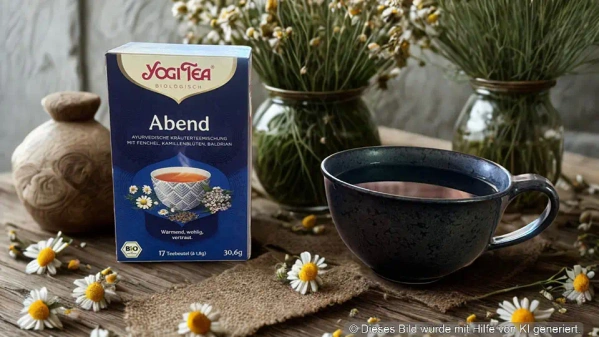 Eine Teepackung "Yogi Tea Abend" und eine Tasse umgeben von Kamillenblüten. KI generiert