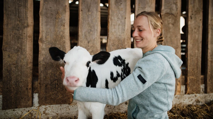 Eine Junge Bäuerin mit Kalb