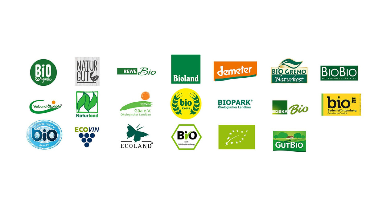 Verschiedene Bio-Logos und -Marken wie Bioland, Demeter, Naturland.