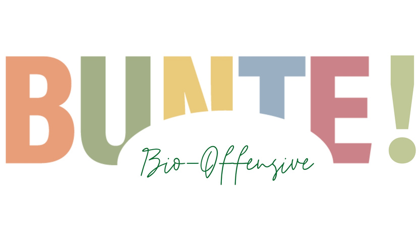 Bunter Schriftzug Bunte Bio Offensive auf weißem Hintergrund