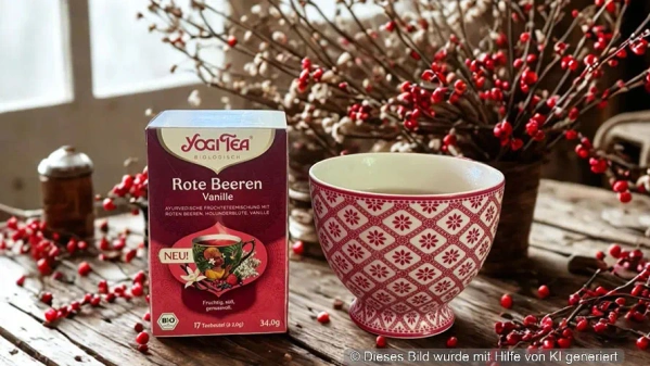 Teepackung "Yogi Tea Rote Beeren Vanille" und eine Tasse mit Beeren im Hintergrund auf einem Holztisch. KI generiert
