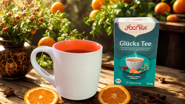 KI generiert: Eine Tasse und eine Packung "Yogi Tea Glücks Tee" auf einem Tisch mit Orangen und Pflanzen.