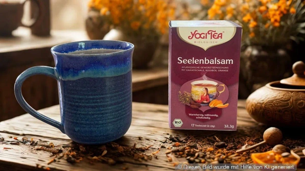 Eine blaue Tasse neben einer Yogi Tea "Seelenbalsam" Packung auf einem Holztisch. KI generiert