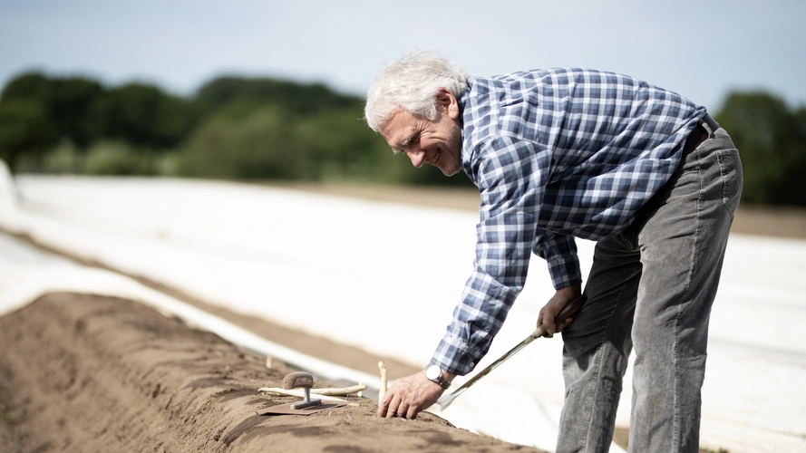 KI generiert: Ein älterer Mann arbeitet im Freien auf einem Feld.
