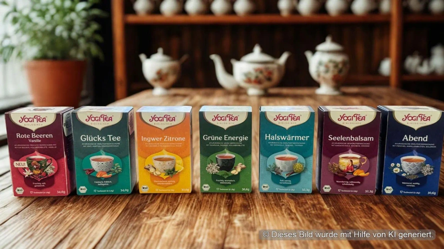 Sieben Yogi Tea-Packungen auf einem Tisch, Sorten sind zu sehen: Rote Beeren, Glücks Tee, Ingwer Zitrone. Bild ist KI generiert
