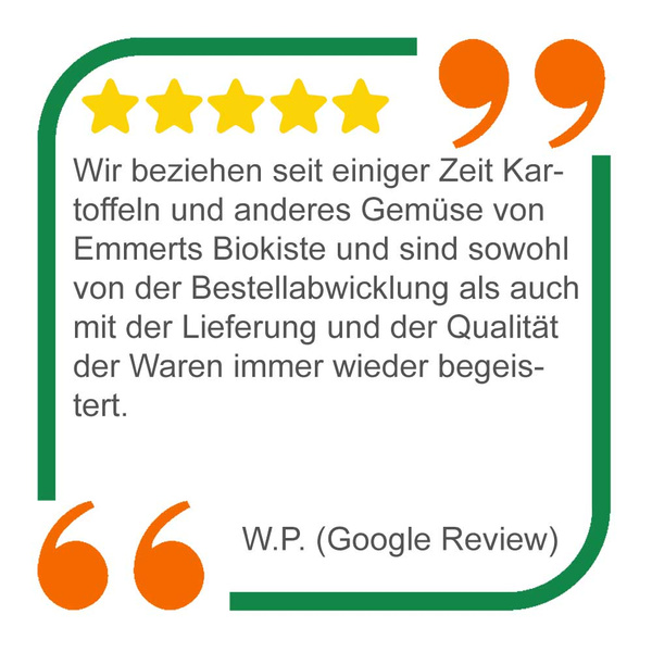 Ein Google Review mit folgendem Text:Wir beziehen seit einiger Zeit Kartoffeln und anderes Gemüse von Emmerts Biokiste und sind sowohl von der Bestellabwicklung als auch mit der Lieferung und der Qualität der Waren immer wieder begeistert.