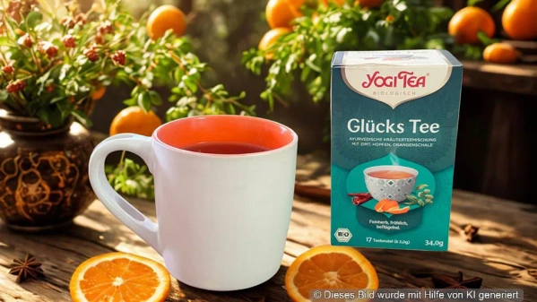 Eine Tasse Tee und eine Packung "Yogi Tea Glücks Tee" auf einem Tisch mit Orangen. KI generiert
