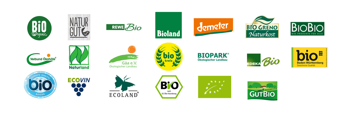 Bildübersicht mit vielen Biosiegeln und Bio Logos