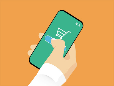 Eine Hand hält ein Smartphone mit Einkaufswagen-Symbol.