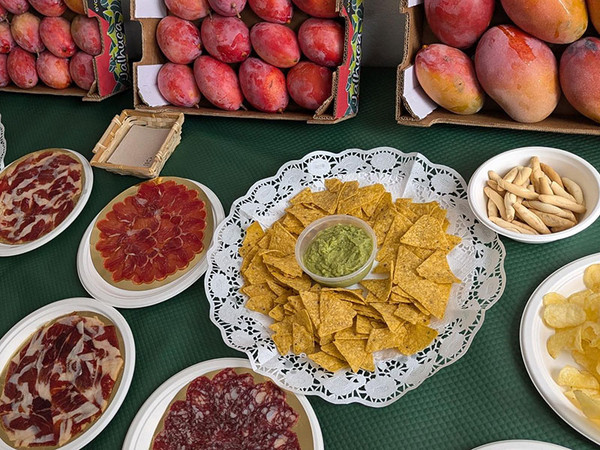 KI generiert: Das Bild zeigt eine Auswahl an verschiedenen Snacks und Früchten, darunter Tortilla-Chips mit Guacamole, Wurstplatten und Mangos. Es handelt sich um ein Arrangement auf einem Tisch, das verschiedene kulinarische Köstlichkeiten präsentiert.