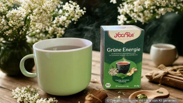 Eine Tasse Tee und eine Packung Yogi Tea "Grüne Energie" auf einem Tisch mit Blumen. KI generiert