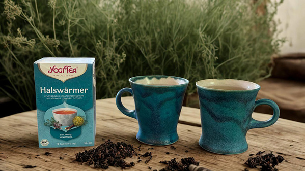 Zwei blaue Tassen und eine Yogi Tea Halswärmer-Packung auf einem Holztisch.