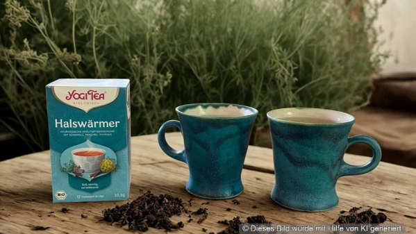 Zwei blaue Tassen und eine Yogi Tea Halswärmer-Packung auf einem Holztisch. KI generiert