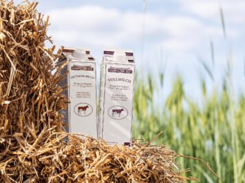 Zwei Tetrapack Milch auf einem Strohballen. Im Hintergrund Grüner Roggen und Blauer Himmel unscharf.