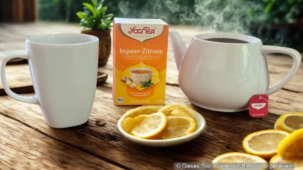 Eine Teekanne und Tasse mit "Yogi Tea Ingwer Zitrone", Zitronenscheiben im Vordergrund. KI generiert