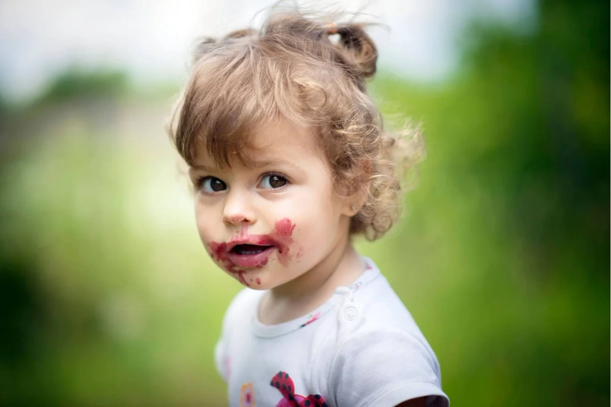 Ein ein- bis dreijähriges Kind mit Beeren verschmiertem Mund schaut in die Kamera