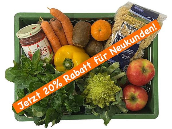 KI generiert: Das Bild zeigt eine Kiste mit verschiedenen Lebensmitteln wie Obst, Gemüse und Nudeln. Ein Banner informiert über einen 20% Rabatt für Neukunden.