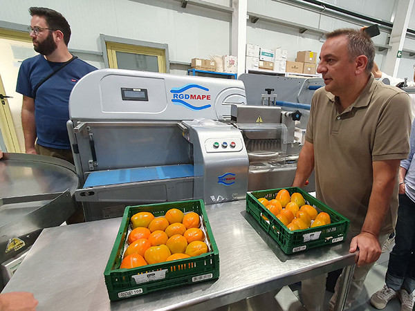 KI generiert: Das Bild zeigt zwei Männer, die neben einer Maschine stehen, mit zwei Kisten voller Orangen auf einem Tisch. Die Szene befindet sich offenbar in einer industriellen Umgebung oder einer Produktionsstätte.