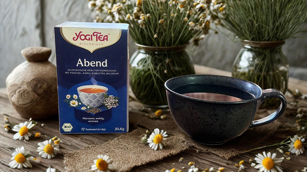 Eine Teepackung "Yogi Tea Abend" und eine Tasse umgeben von Kamillenblüten.