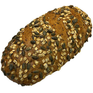 Ein Laib Mehrkornbrot mit Kürbiskernen und Haferflocken obenauf.