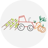 Icon vom Traktor auf einem Feld mit Gemüse