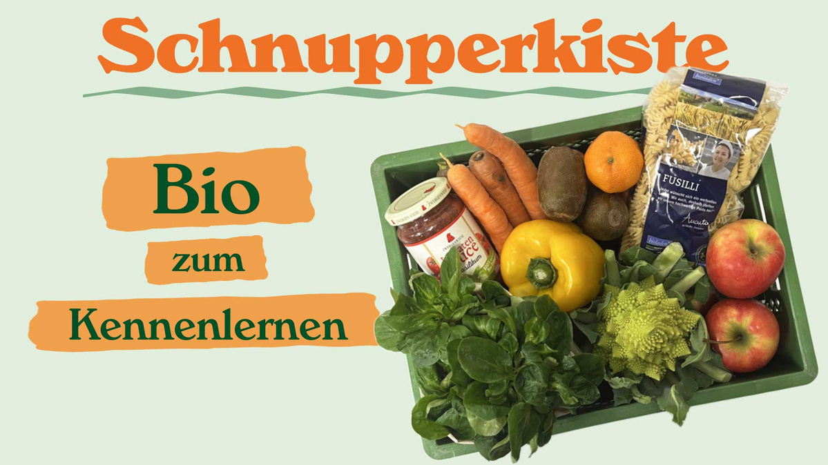 Bio-Schnupperkiste mit frischem Obst, Gemüse und Pasta aus biologischem Anbau. Text: "Schnupperkiste Bio zum kennenlernen".