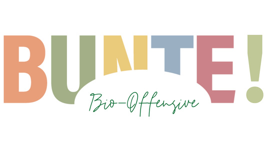 Bunte Schrift mit dem Text "BUNTE! Bio-Offensive" in verschiedenen Farben.