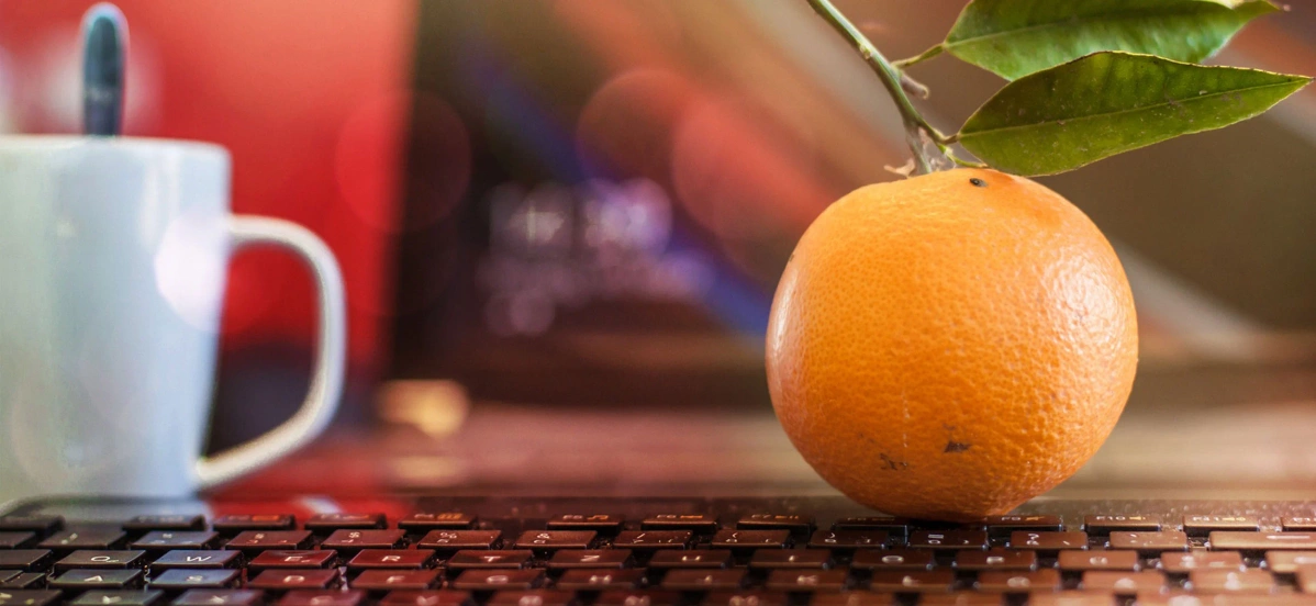 Eine Nahaufnahme. Vorn eine Tastatur, dahinter eine Orange sowie ein Becher. Der Hintergrund unscharf.